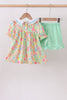 Pink floral print puff sleeve ruffle shorts set