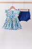 Blue floral print ruffle bloomer set