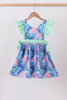 Blue marine creature print ruffle dress