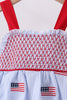Blue flag embroidery seersucker ruffle dress