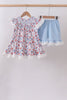 Blue floral lace smocked shorts set