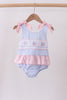 Blue stripe seersucker crab embroidery swimsuit