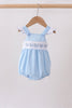 Blue Bow Smocked Embroidered Jacquard Bubble