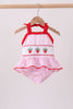 Pink stripe seersucker strawberry smocked one-piece swimsuit