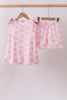 Pink bow print scalloped ruffle shorts set