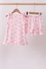 Pink bow print scalloped ruffle shorts set