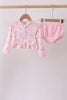 Pink bow print ruffle zipper 2pc swimsuit