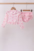 Pink bow print ruffle zipper 2pc swimsuit