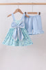 Blue beach print bow ruffle shorts set