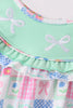 Green Bow Embroidered Checkered Dress