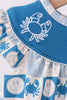 Blue Crab Embroidered Checkered Ruffle Bubble