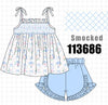 Blue Floral Smocked Ruffle Shorts Set