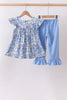 Blue Floral Print Ruffle Pants Set