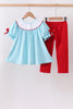 Blue Apple Embroidered Pants Set