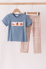 Blue turkey pumpkin embroidery gingham pants set