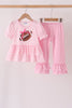 Pink football sequin stripe ruffle pants set