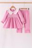 Pink corduroy lace smocked ruffle pants set
