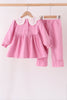 Pink corduroy lace smocked ruffle pants set