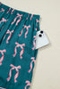 Green Ribbon Bow Print Silky Long Sleeve Shirt and Shorts 2pcs Pajama Set
