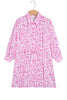 Pink Abstract Leopard Print Tie Waist Puff Sleeve Mini Shirt Dress
