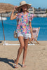 Pink Tropical Floral Print Frilly Notched Neck Ruffled Short Sleeve Blouse