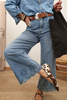 Dusk Blue Embroidered Cropped Wide Leg High Waist Jeans