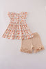 Beige french knot ruffle shorts set