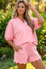 Gossamer Pink Scalloped V Neck Dolman Oversize Top Drawstring Short Set