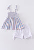 Blue stripe smocked strap girl set