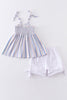 Blue stripe smocked strap girl set