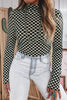 Black Plaid Stand Neck Long Sleeve Mesh Top