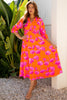 Orange Floral Print Frilly Smocked V Neck 3/4 Sleeve Long Dress