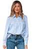 Sky Blue Stripe Shirred Detail Half Placket Collared Long Sleeve Fall Shirt