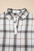 White Plaid Print Collared V Neck Loose Blouse with Side Slits