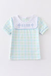 Blue easter plaid he is risen embroidery boy top