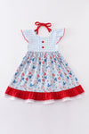 Patriotic day character print plaid ruffle dress