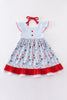 Patriotic day character print plaid ruffle dress