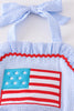 Seersucker patriotic flag applique one-piece girl swimsuit