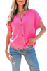 Bright Pink Distressed Hem Short Sleeve Knitted Button Front Sweater