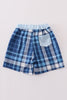 Navy plaid crab embroidery boy swim trunks