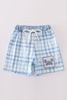 Blue plaid crab embroidery boy swim trunks