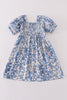 Blue delicate floral smocked girl dress