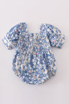 Blue delicate floral smocked girl bubble