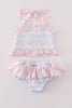 Blue bow tie print smocked 2pc girl swimsuit