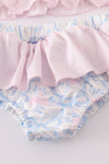 Blue bow tie print smocked 2pc girl swimsuit