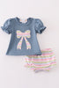 Blue bow applique girl bloomer set