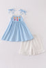 Blue princess embroidery ruffle girl set