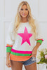 White Star Pattern Colorblock Striped Edge Drop Shoulder Sweater