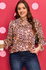 Brown Plus Size Leopard Frilled Stand Neck Blouse