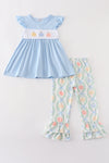 Blue pumpkin embroidery girl ruffle pants set